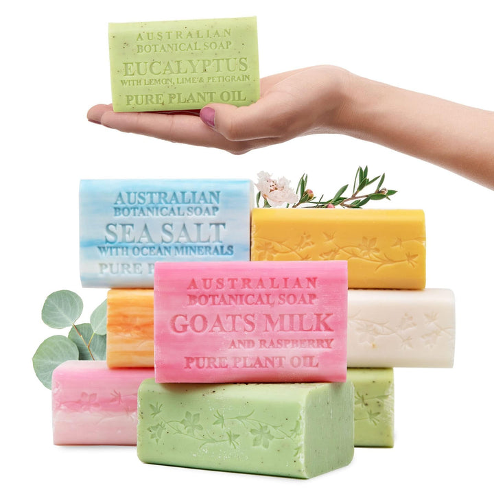 Australian Botanical Soap front packaging showing eight large bars and scent variety