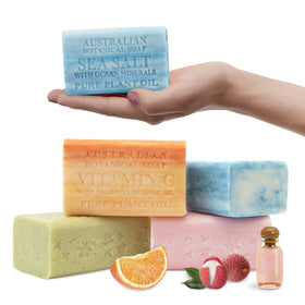 Australian Botanical Soap front packaging showing four vegan bars and variety benefits