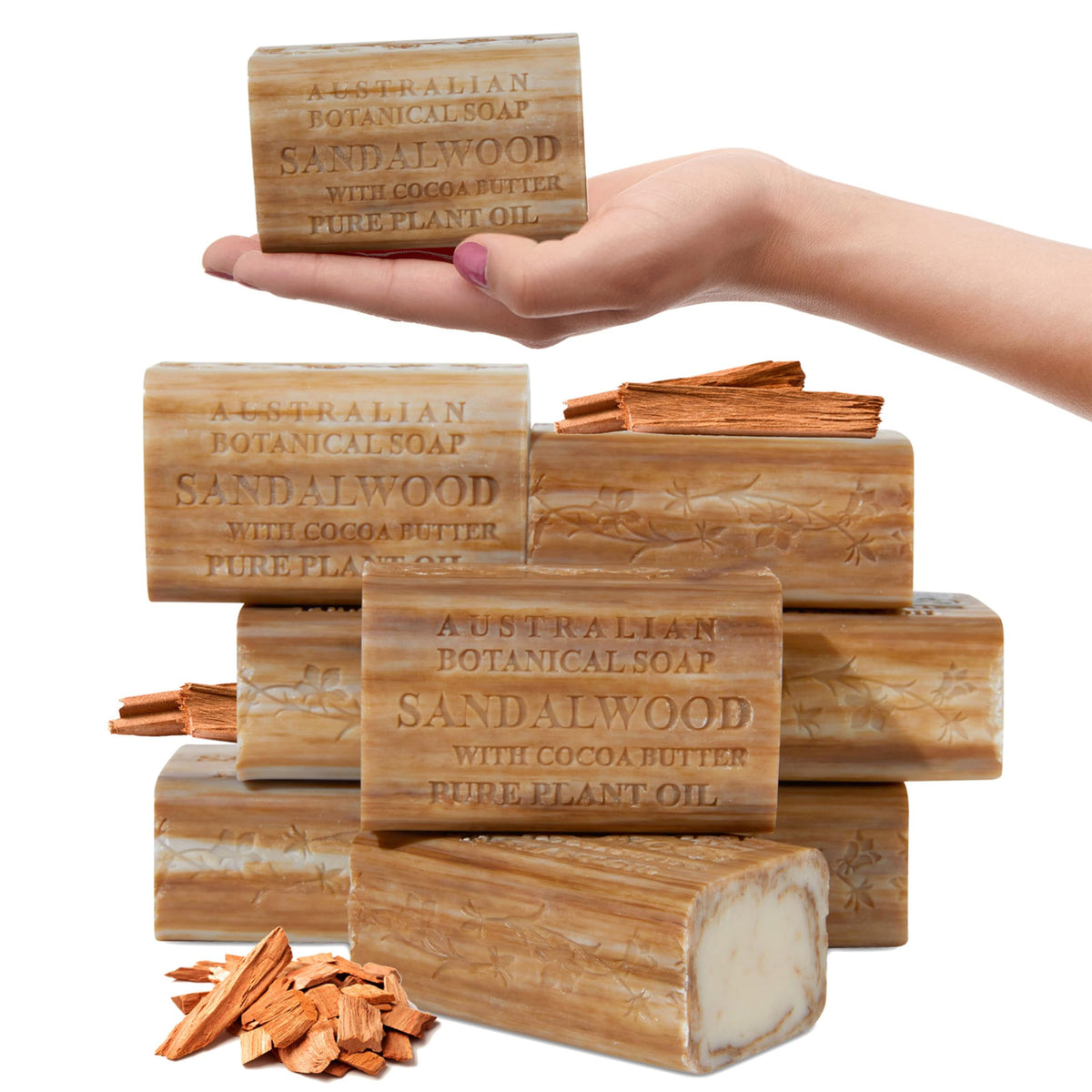 Australian Botanical Soap front packaging showing product benefits and pack of eight
