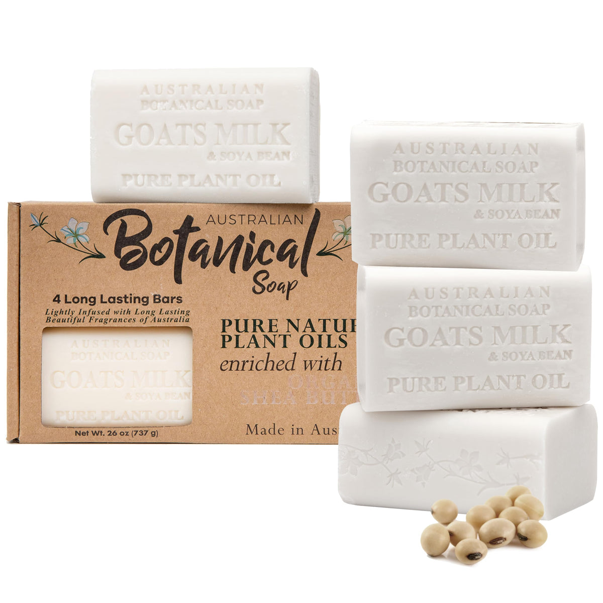 Australian Botanical Soap front packaging showing four 6.5 oz bars and benefits