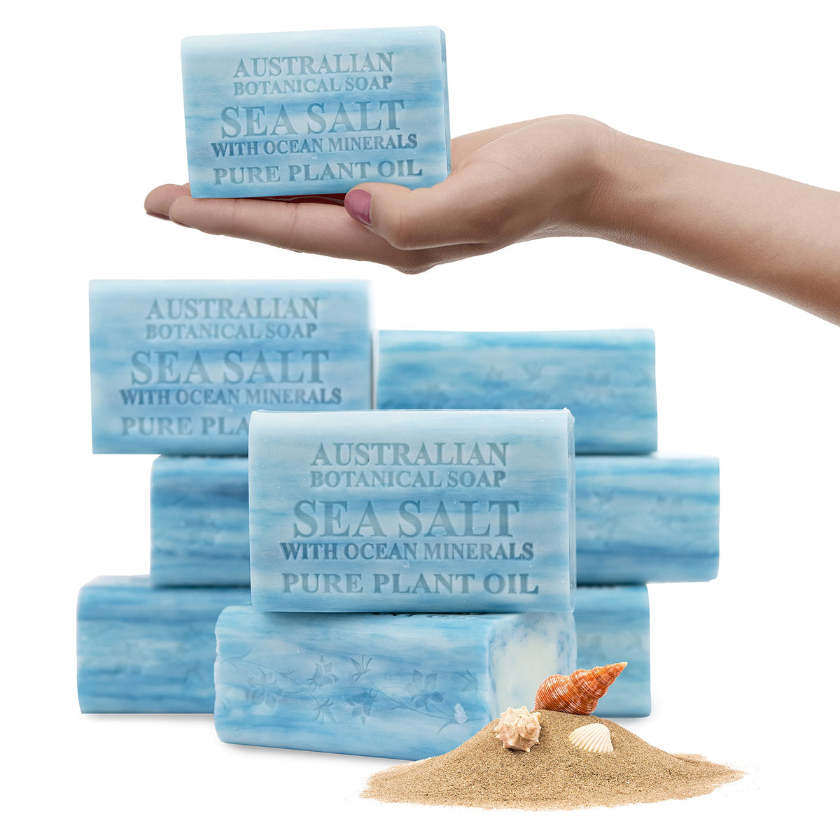 Australian Botanical Soap front packaging showing sea salt scent and large bar benefit