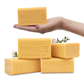 Australian Botanical Soap front packaging showing pack of four and product branding benefits