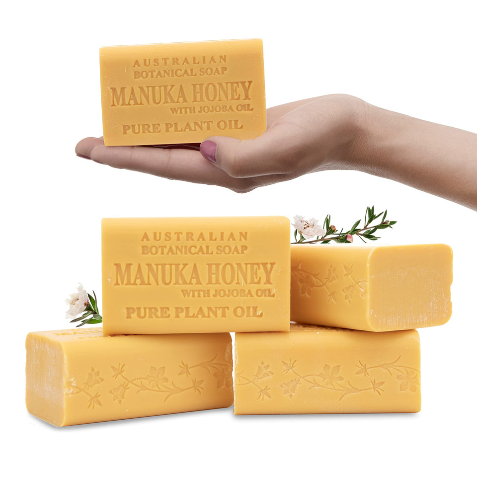 Australian Botanical Soap front packaging showing pack of four and product branding benefits