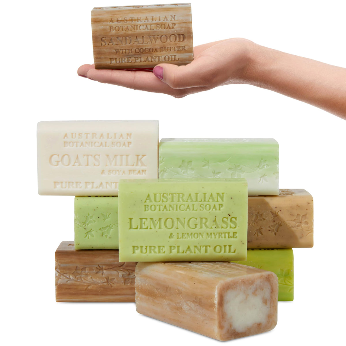 Australian Botanical Soap front packaging showing eight 6.6 oz bars and benefits