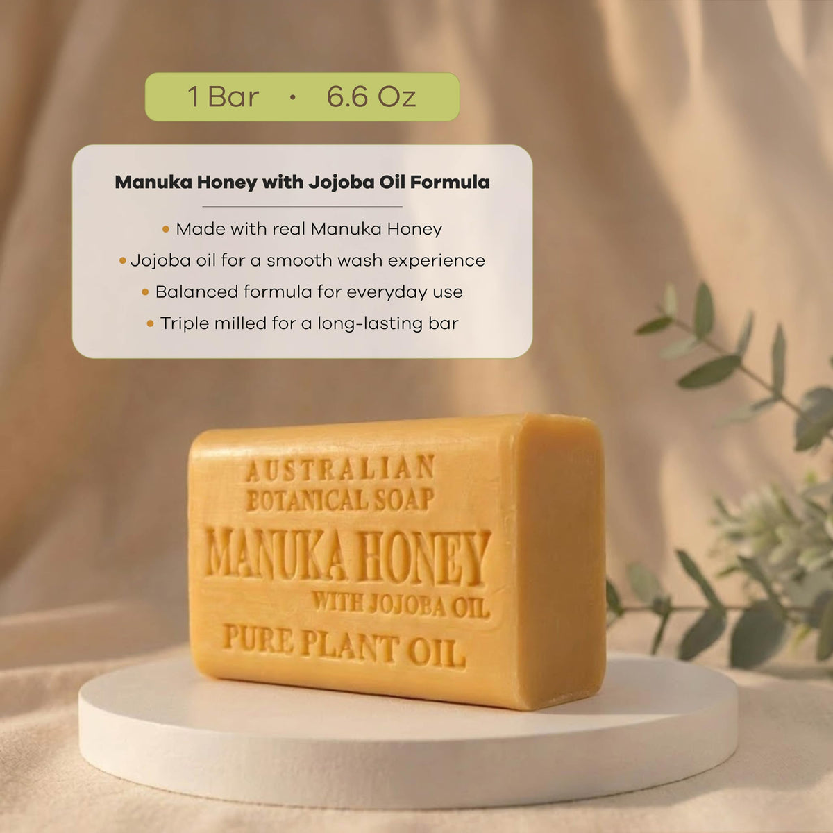 Australian Botanical Soap hand holding bar for accurate size and grip
