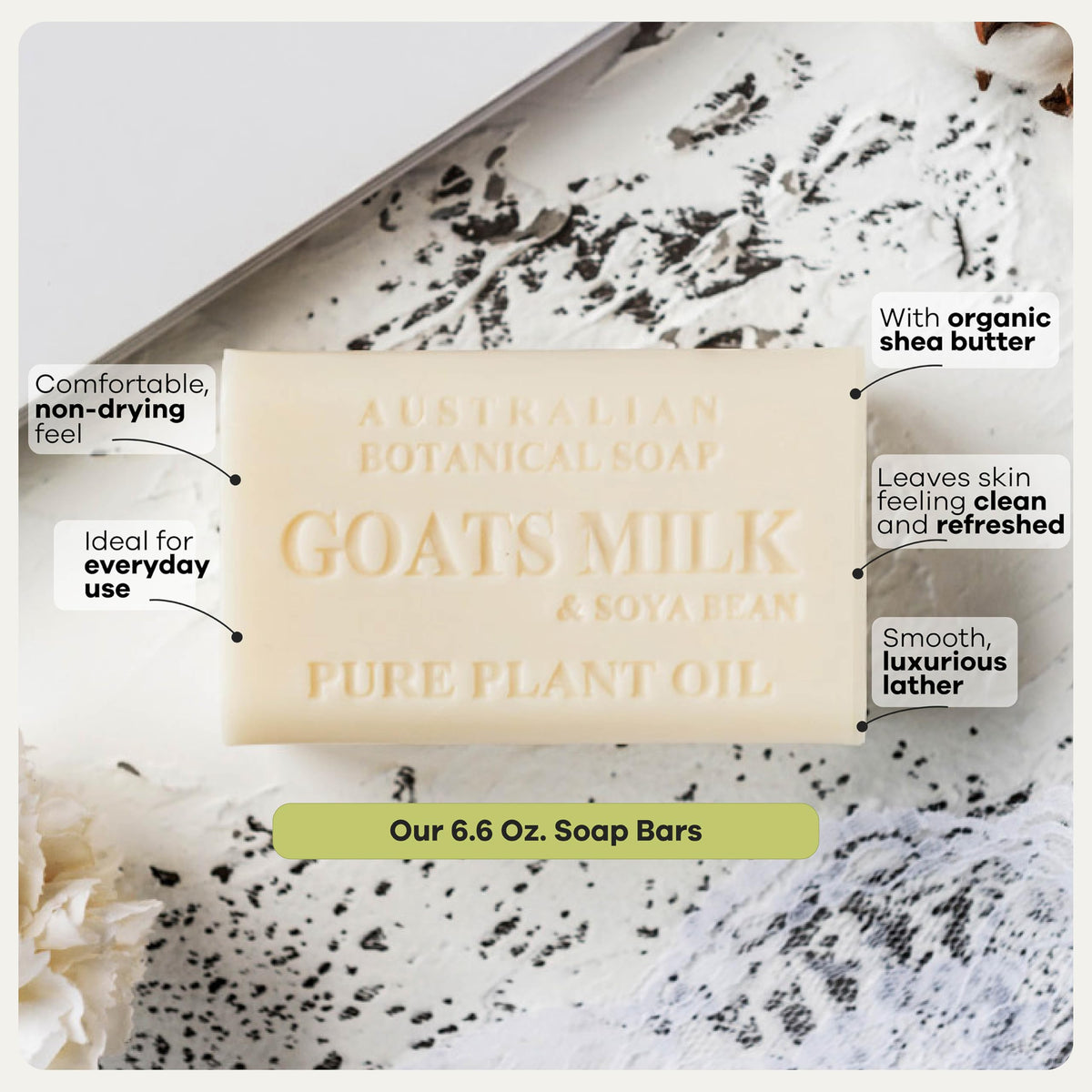 Australian Botanical Soap shea butter and plant oils ingredient display, nourishing