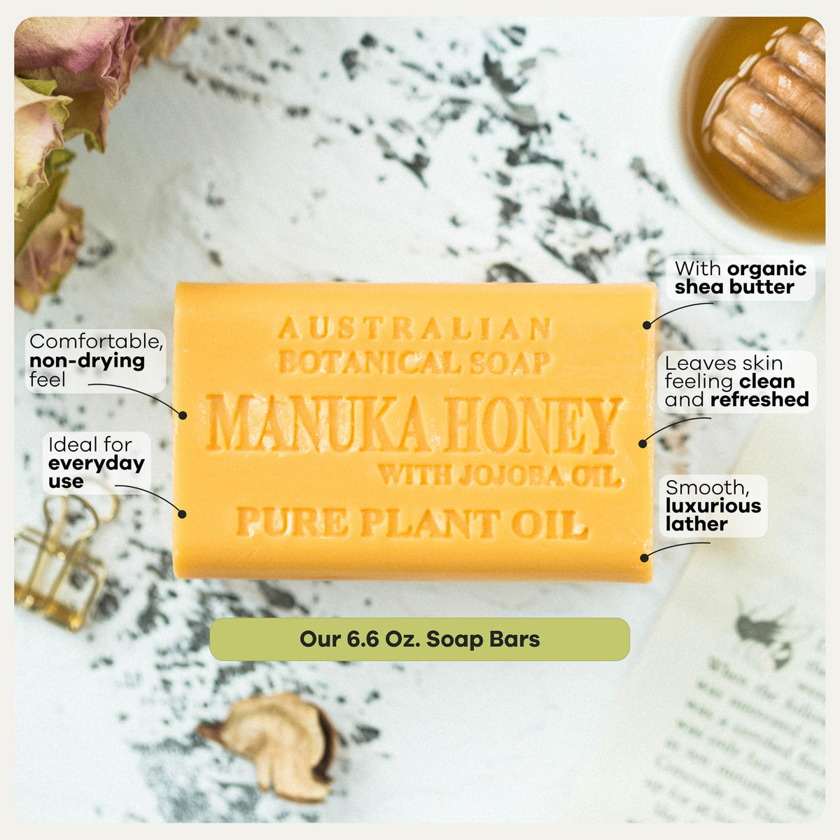 Australian Botanical Soap manuka honey jar beside bar highlighting natural ingredient