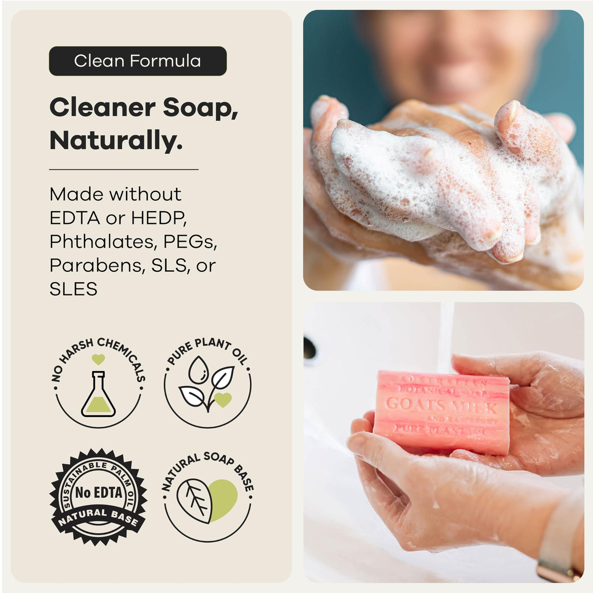 Australian Botanical Soap ingredients label showing goat milk and shea butter benefits