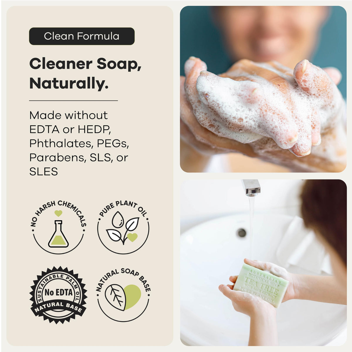 Australian Botanical Soap label closeup ingredients listing tea tree and shea butter