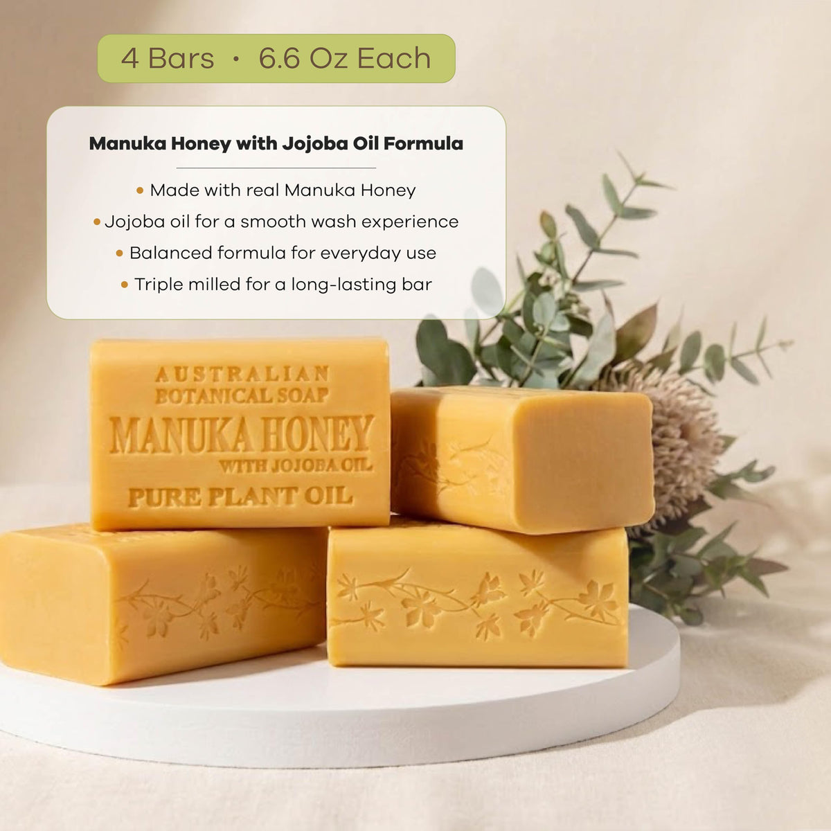 Australian Botanical Soap ingredient label highlighting manuka honey and jojoba oil benefits