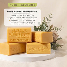 Australian Botanical Soap ingredient label highlighting manuka honey and jojoba oil benefits