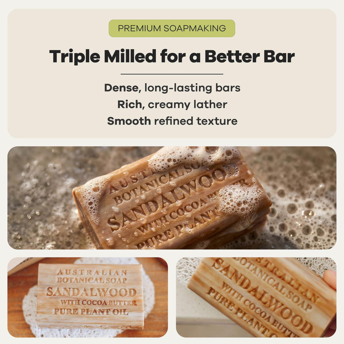 Australian Botanical Soap rich lather in hand indicating gentle cleansing action