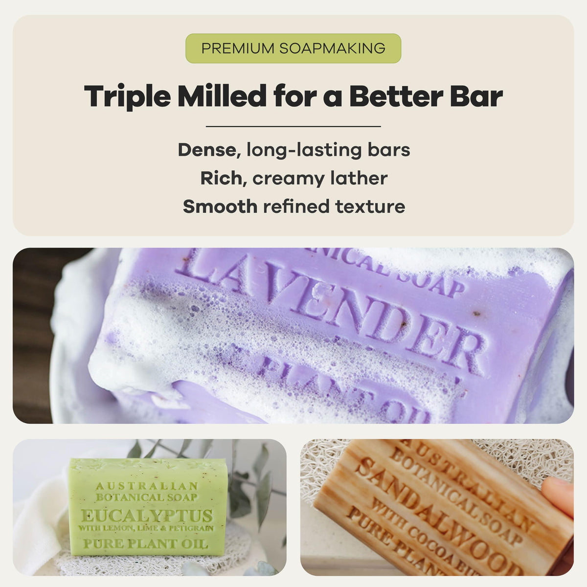 Australian Botanical Soap lavender bar with fresh lavender emphasizing calming fragrance