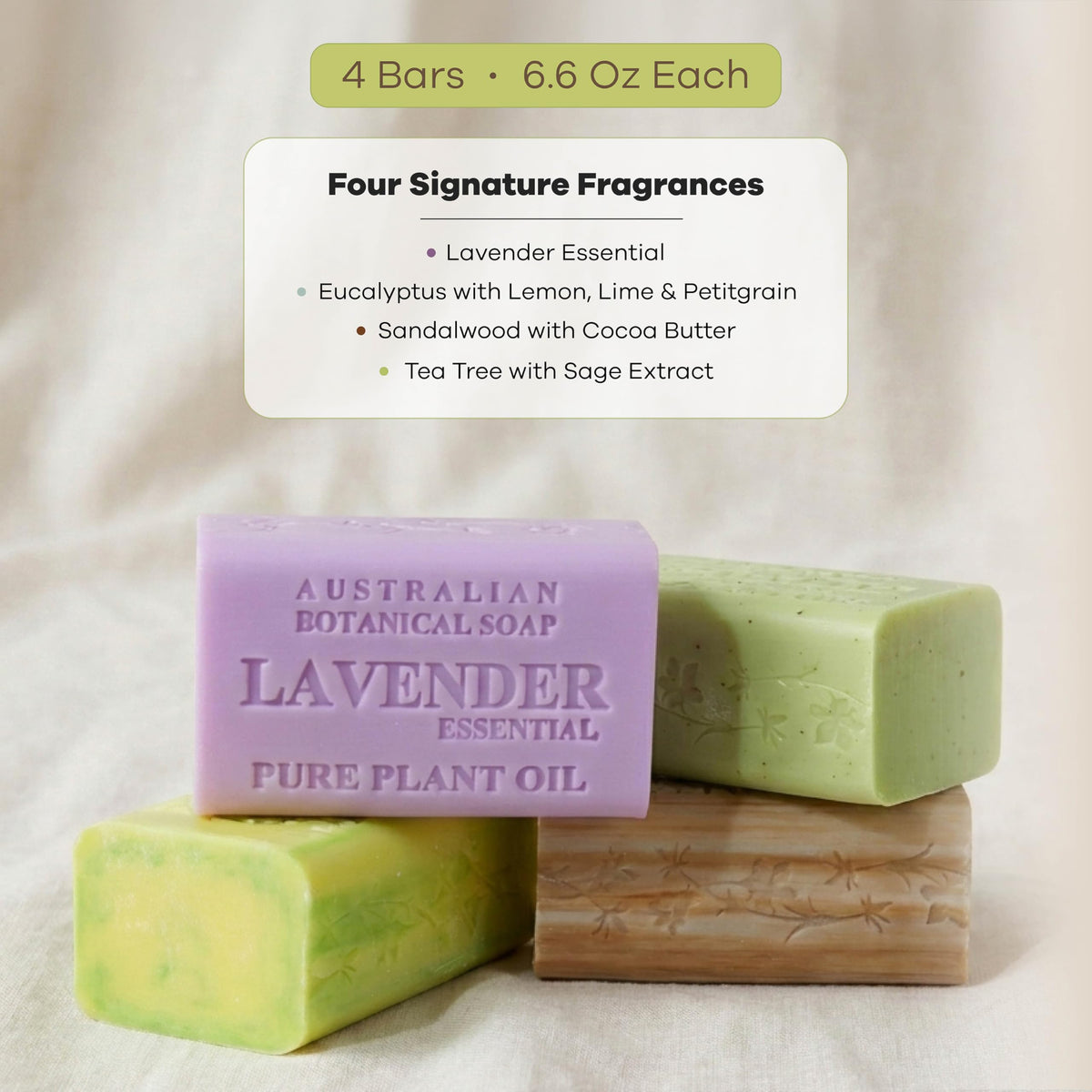 Australian Botanical Soap sandalwood bar side label highlighting cocoa butter and scent