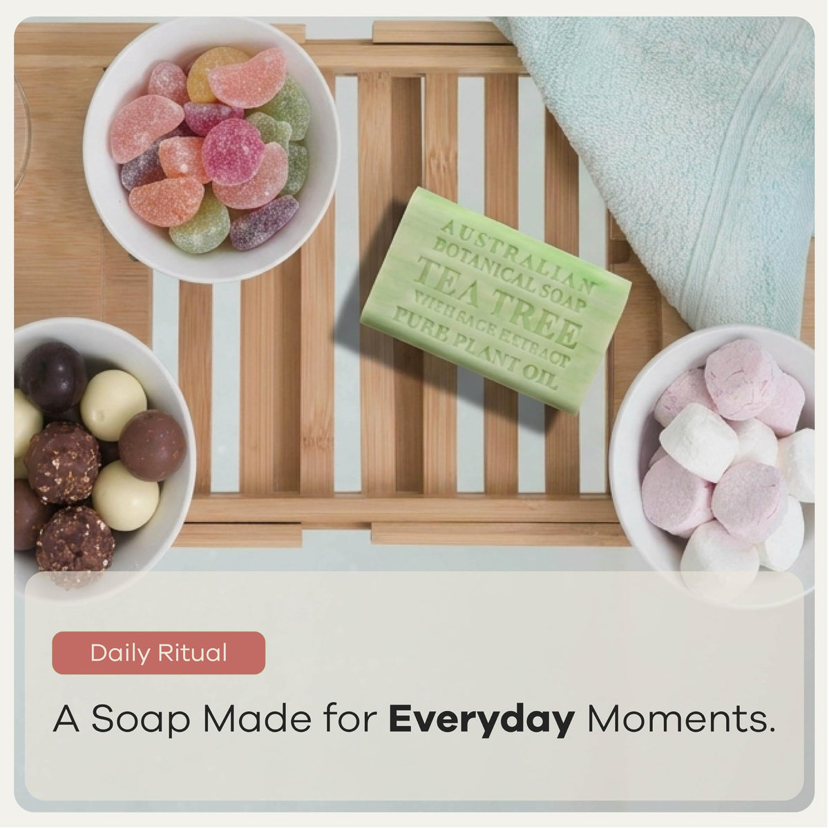 Australian Botanical Soap bar on shower shelf showing everyday use benefit
