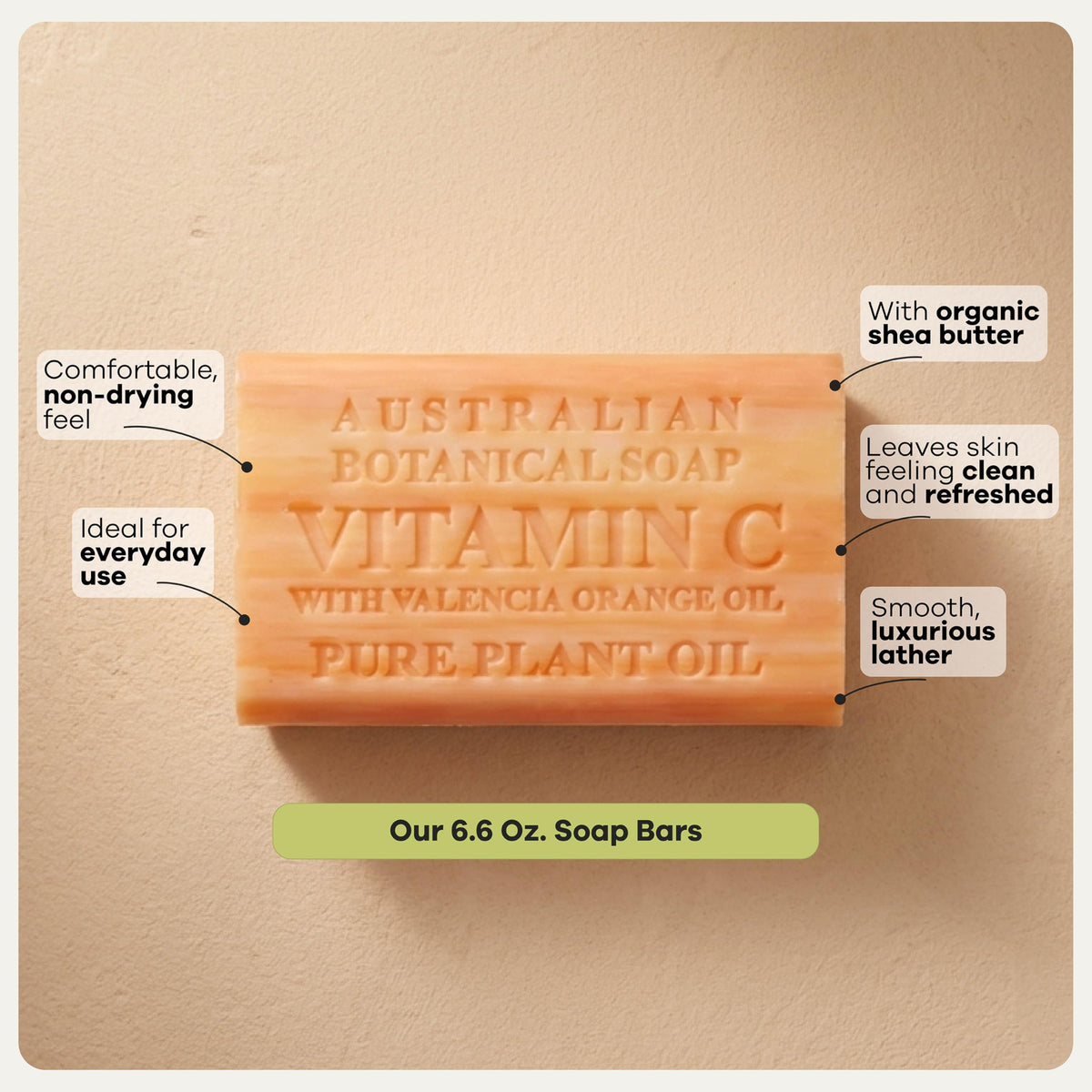 Australian Botanical Soap bar in hand for scale showing extra-large 6.6 oz size advantage