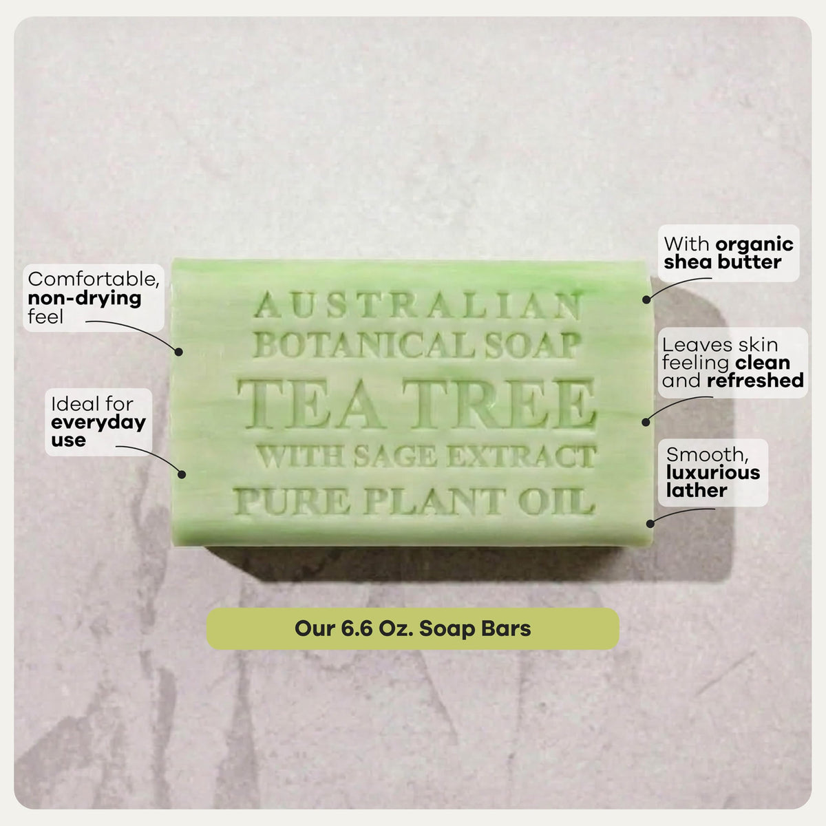 Australian Botanical Soap size comparison next to ruler highlighting 6.6 oz scale