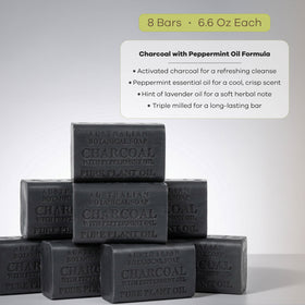 Australian Botanical close-up of soap texture highlighting charcoal specks and creamy shea feel