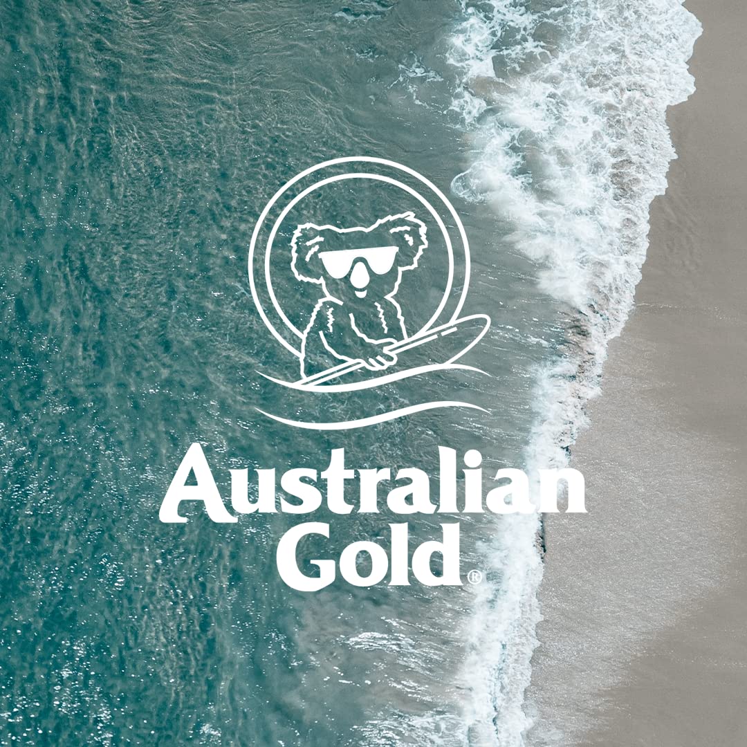 Australian Gold bottle in beach setting showing water resistance and outdoor readiness benefit