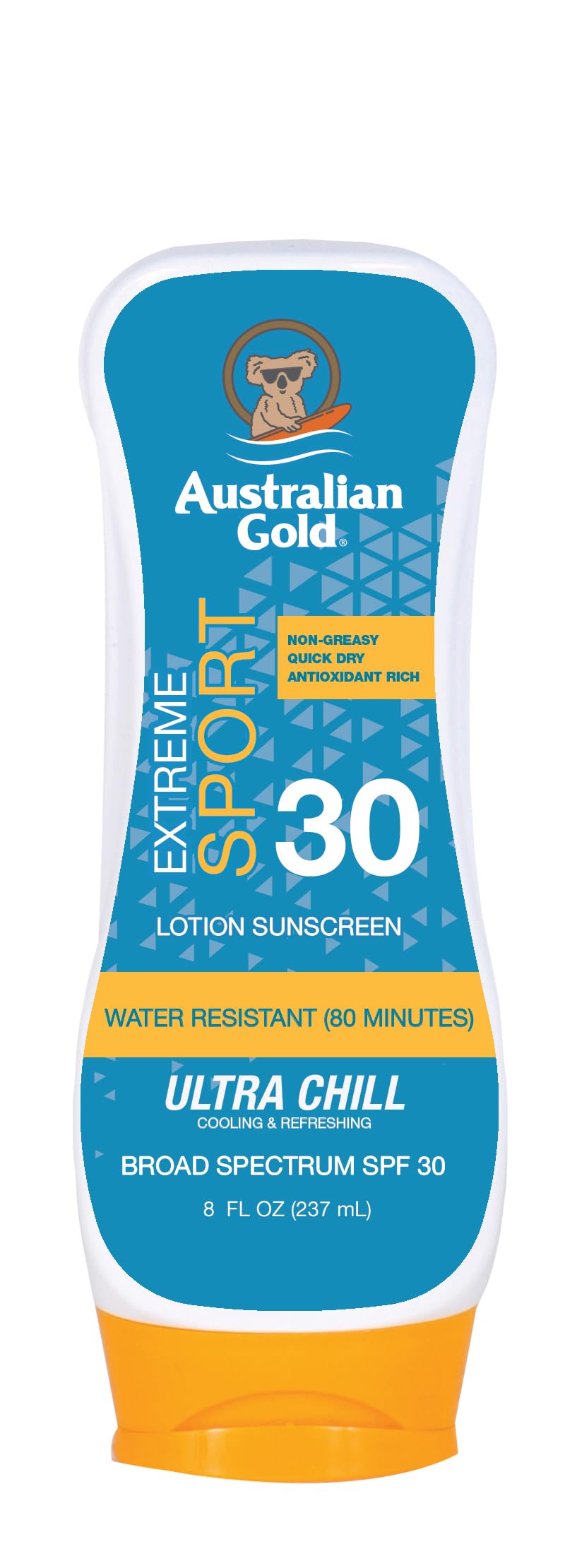 Australian Gold front packaging showing SPF 30 and sport benefits