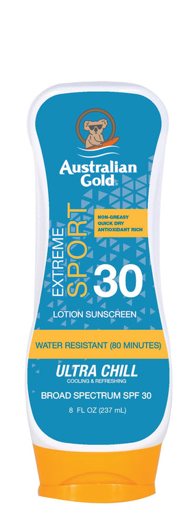 Australian Gold front packaging showing SPF 30 and sport benefits