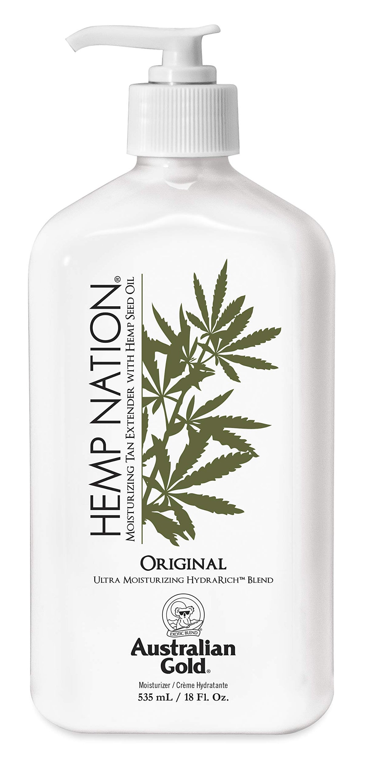 Australian Gold front bottle hemp seed lotion shows product and quick hydration benefits