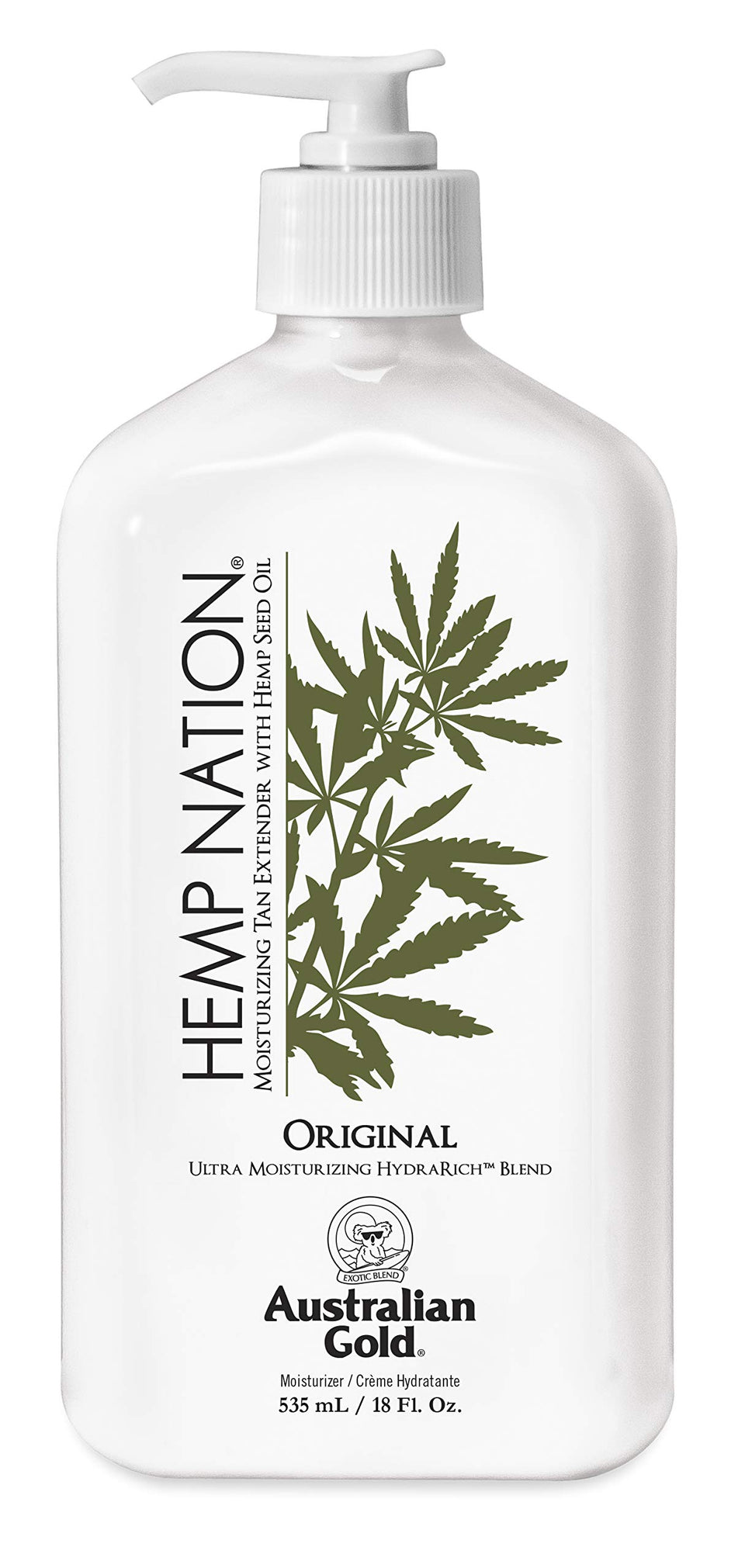 Australian Gold front bottle hemp seed lotion shows product and quick hydration benefits