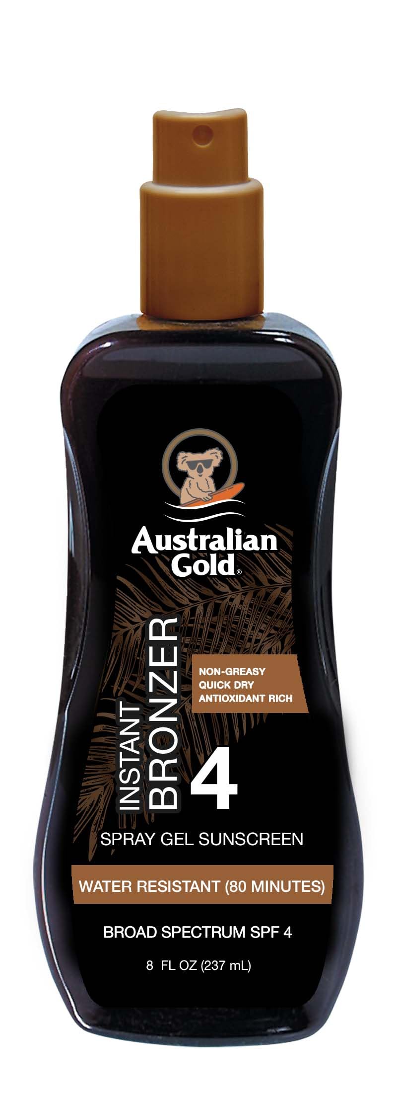 Australian Gold front bottle showing spray gel and instant bronzer benefit