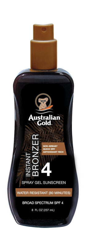 Australian Gold front bottle showing spray gel and instant bronzer benefit