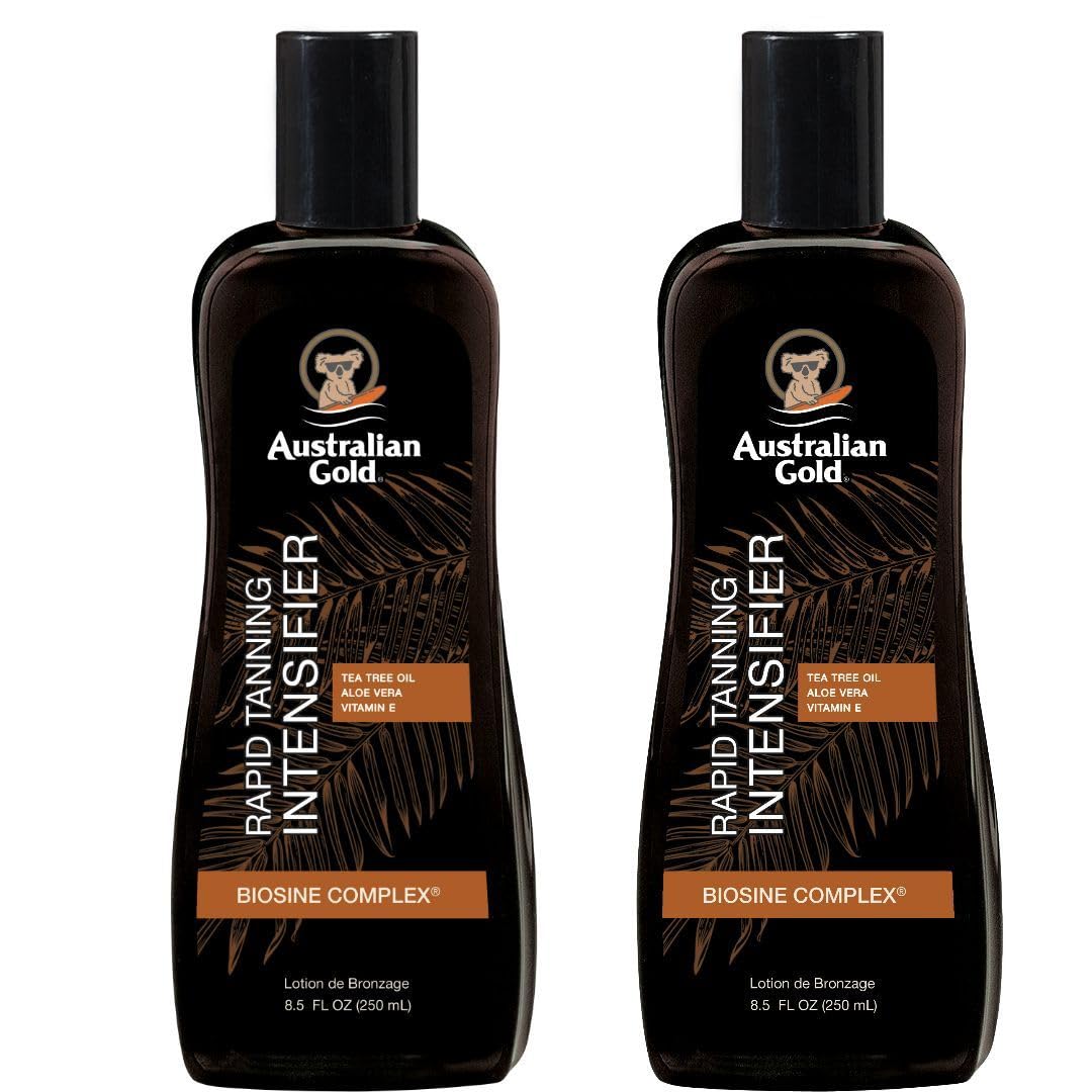 Australian Gold front packaging showing twin 8.5 fl oz bottles and product benefit