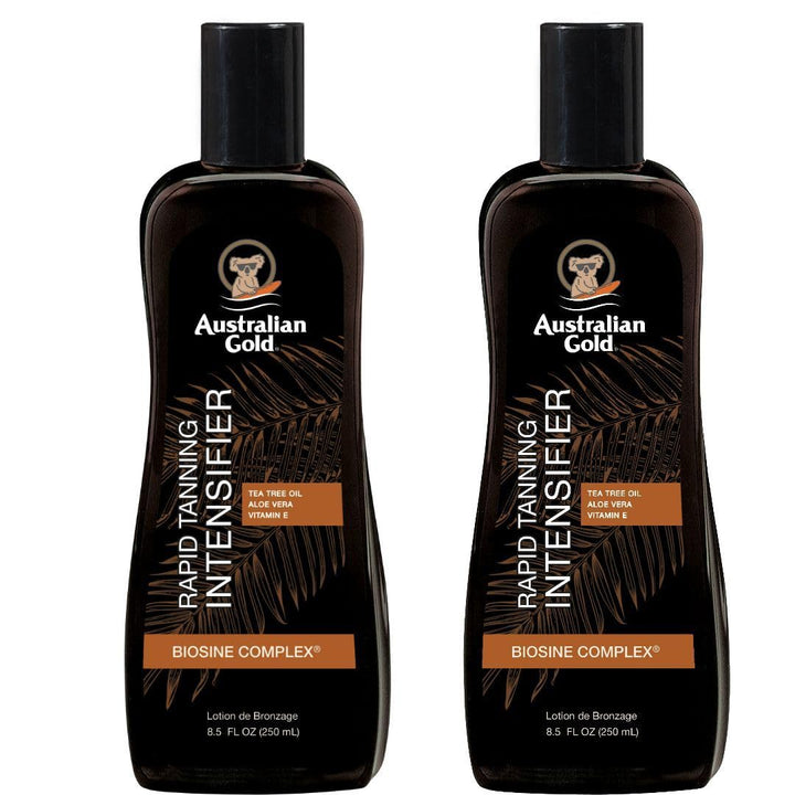 Australian Gold front packaging showing twin 8.5 fl oz bottles and product benefit