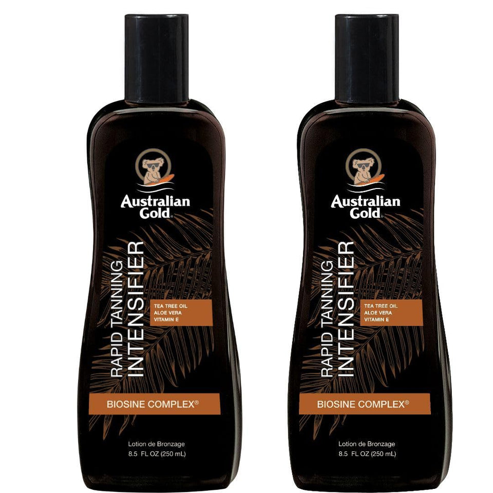 Australian Gold front packaging showing twin 8.5 fl oz bottles and product benefit