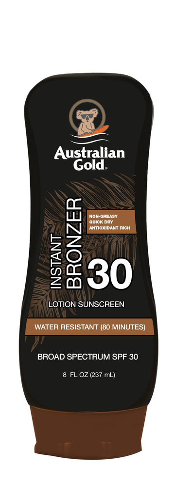 Australian Gold front packaging showing SPF 30 and instant bronzer, clear protection benefit