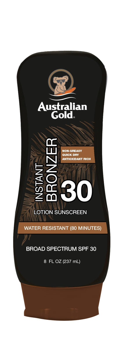 Australian Gold front packaging showing SPF 30 and instant bronzer, clear protection benefit