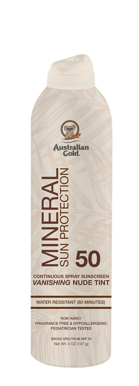 Australian Gold front packaging showing SPF 50 and tinted mineral benefits