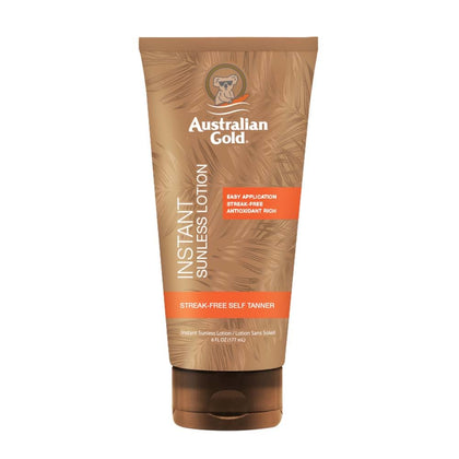 Australian Gold front packaging showing bottle and product benefit for instant bronze
