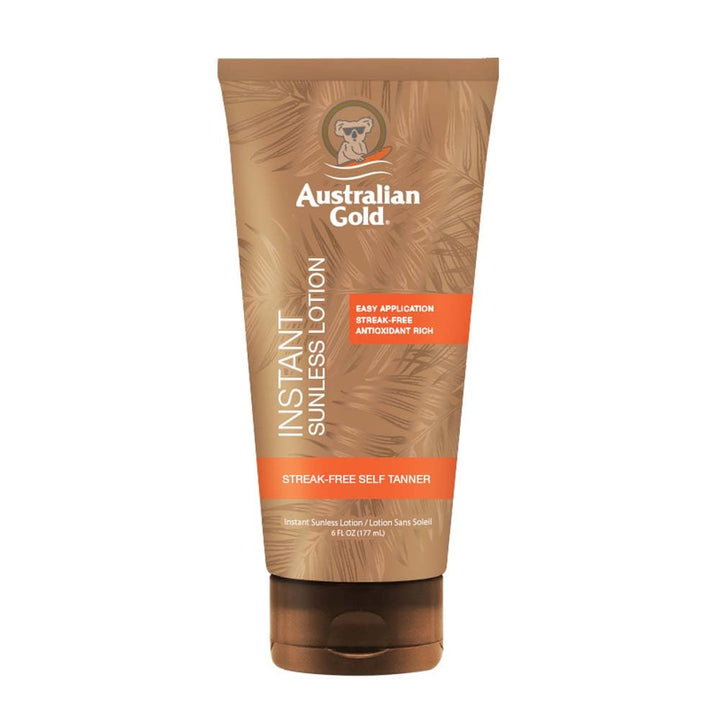 Australian Gold front packaging showing bottle and product benefit for instant bronze