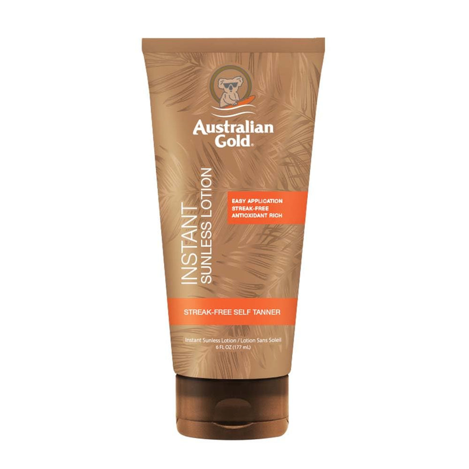 Australian Gold front packaging showing bottle and product benefit for instant bronze
