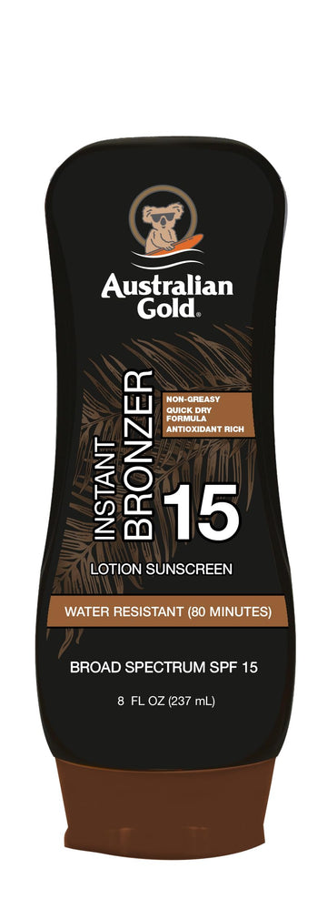 Australian Gold front packaging showing SPF 15 and instant bronzer benefits