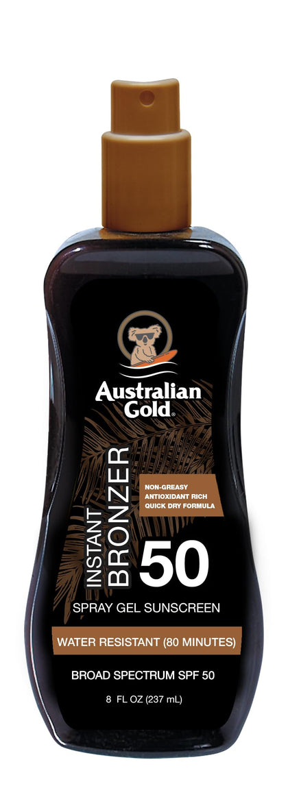 Australian Gold front view of spray gel bottle shows SPF 50 protection and bronzer benefit