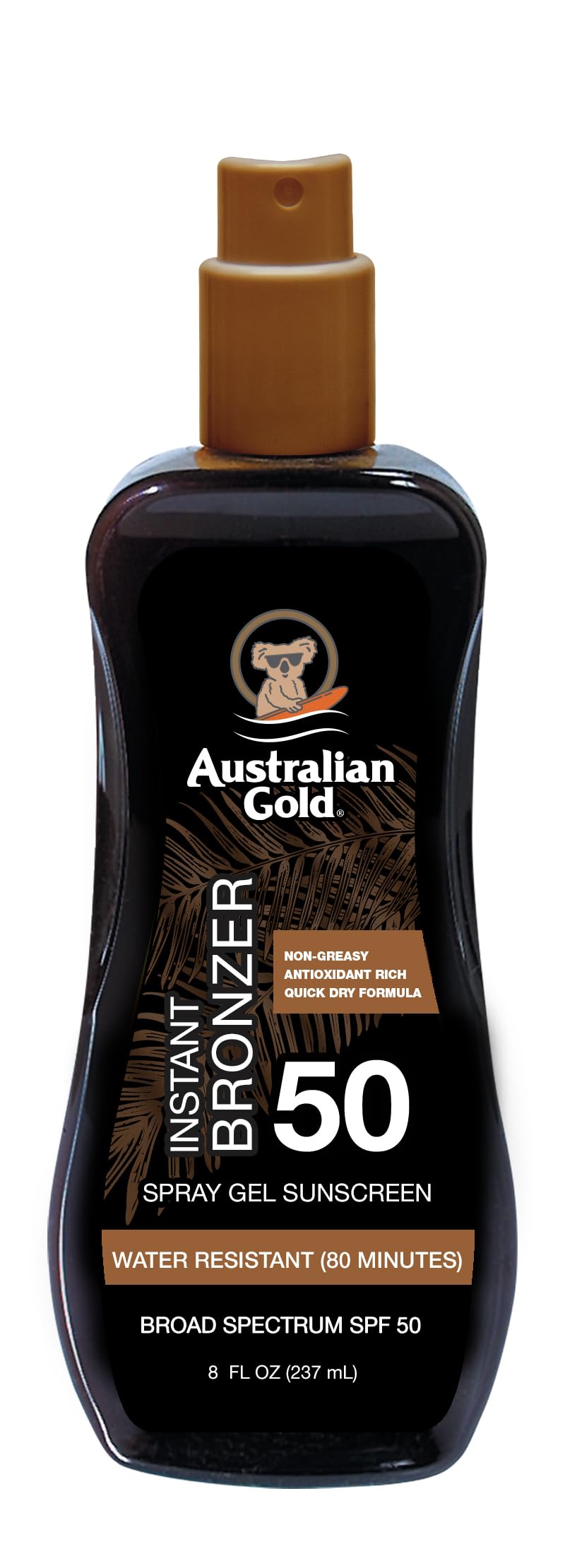 Australian Gold front view of spray gel bottle shows SPF 50 protection and bronzer benefit