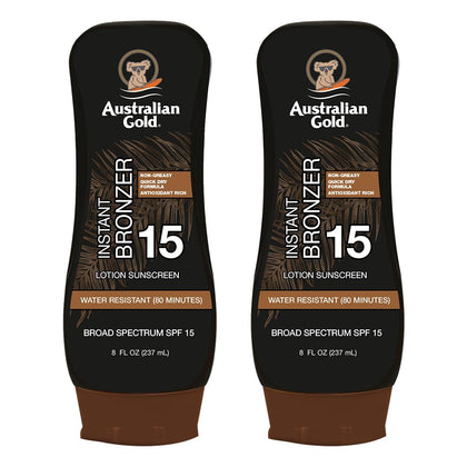 Australian Gold front twin pack showing packaging and SPF 15 protection advantage