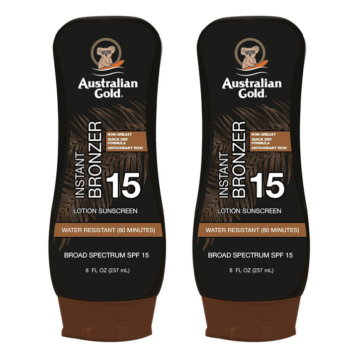 Australian Gold front twin pack showing packaging and SPF 15 protection advantage