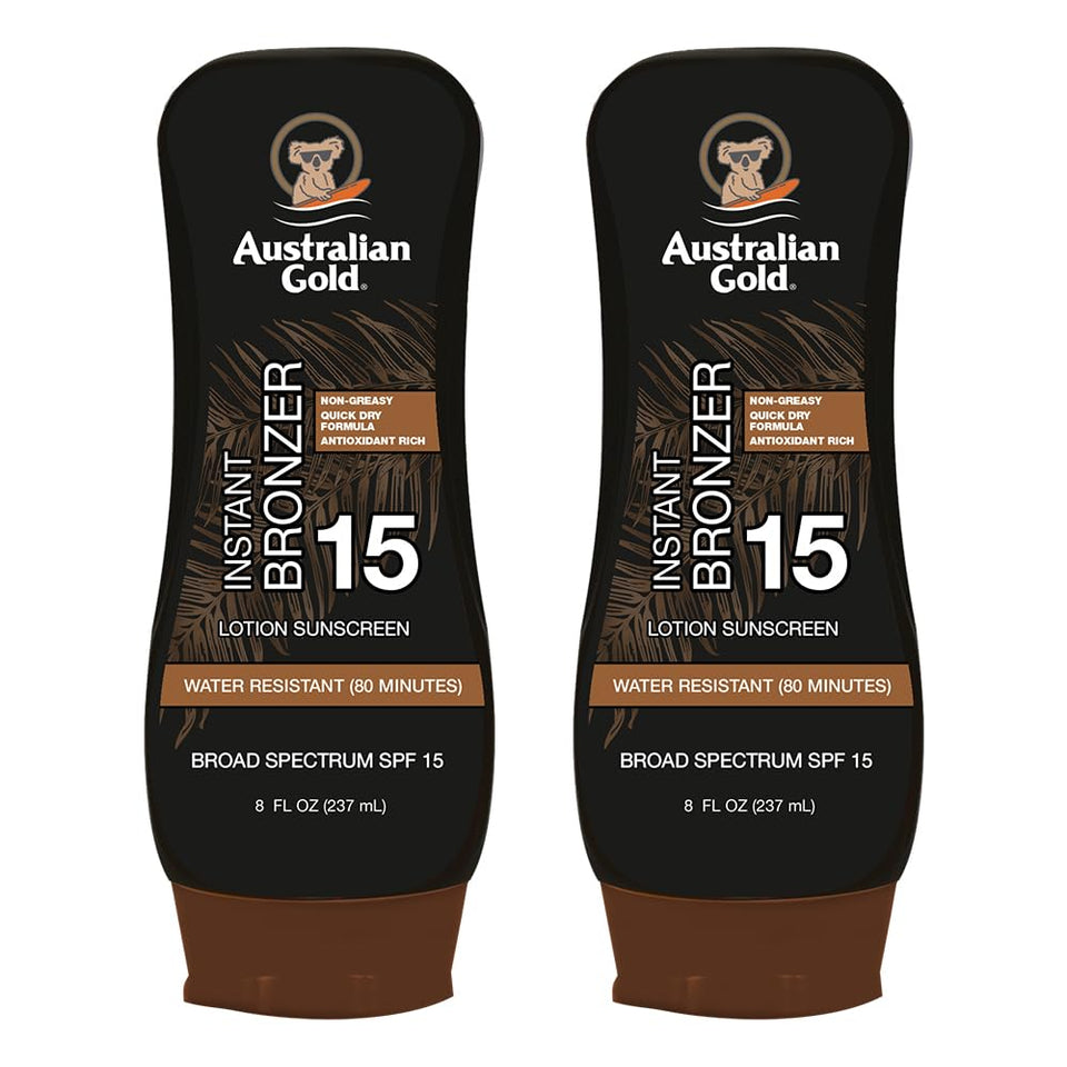 Australian Gold front twin pack showing packaging and SPF 15 protection advantage