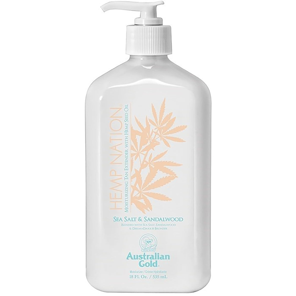 Australian Gold pump bottle front view showing label and size, highlights moisturizing benefit