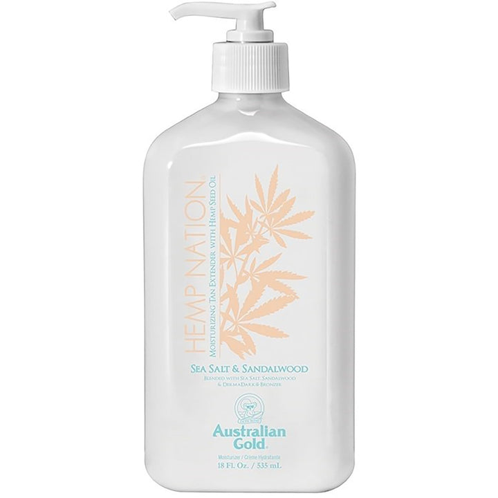 Australian Gold pump bottle front view showing label and size, highlights moisturizing benefit