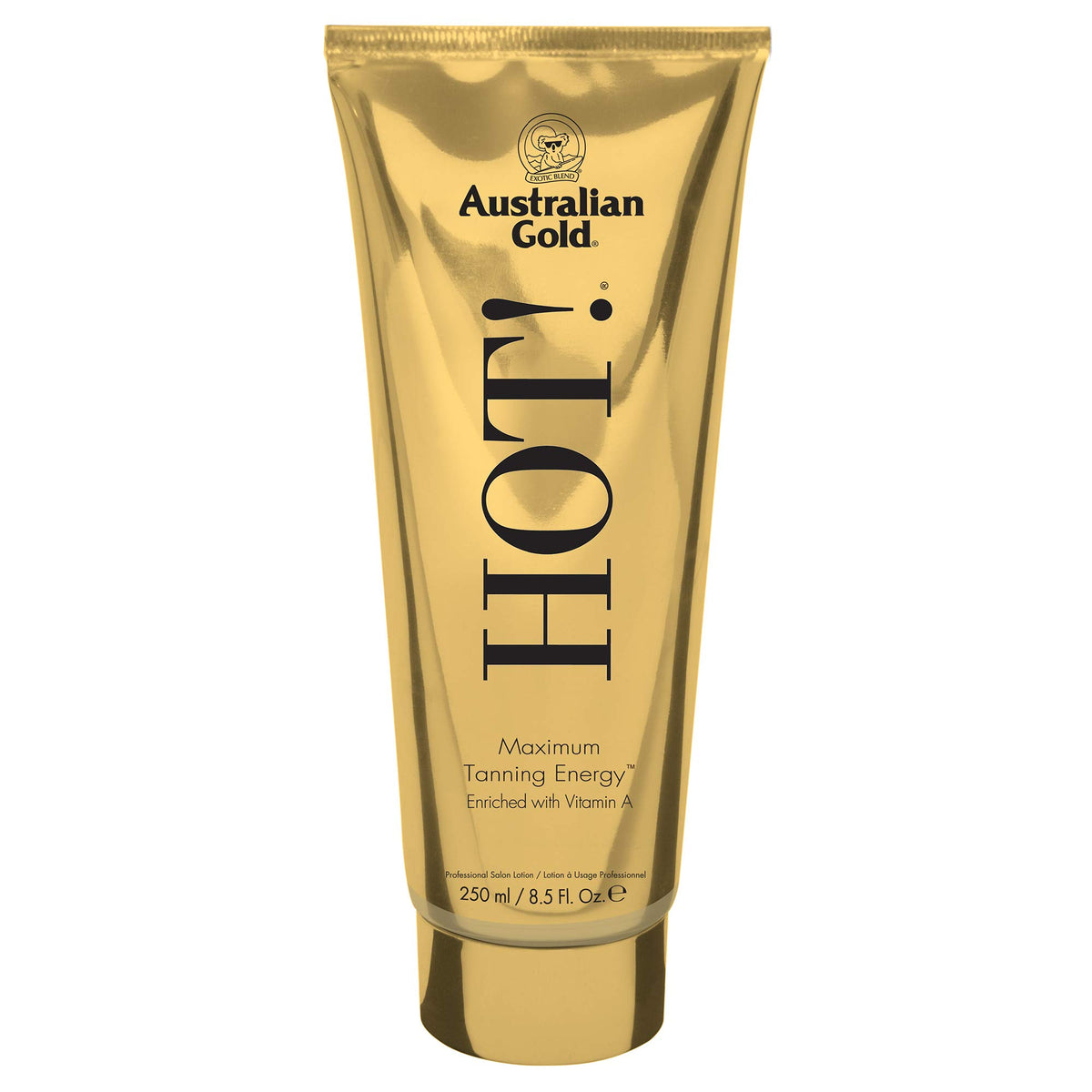 Australian Gold Hot! front packaging showing bottle and label for fast tanning