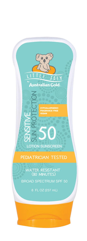 Australian Gold Little Joey front packaging showing SPF 50 protection and benefits