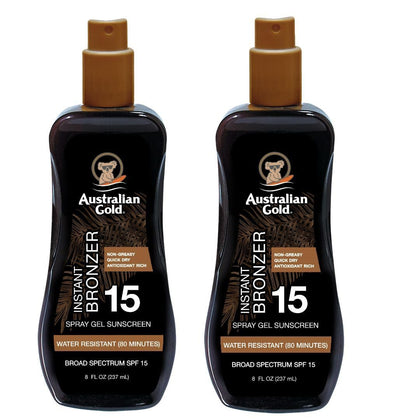 Australian Gold front packaging showing bottle and SPF 15 protection benefit