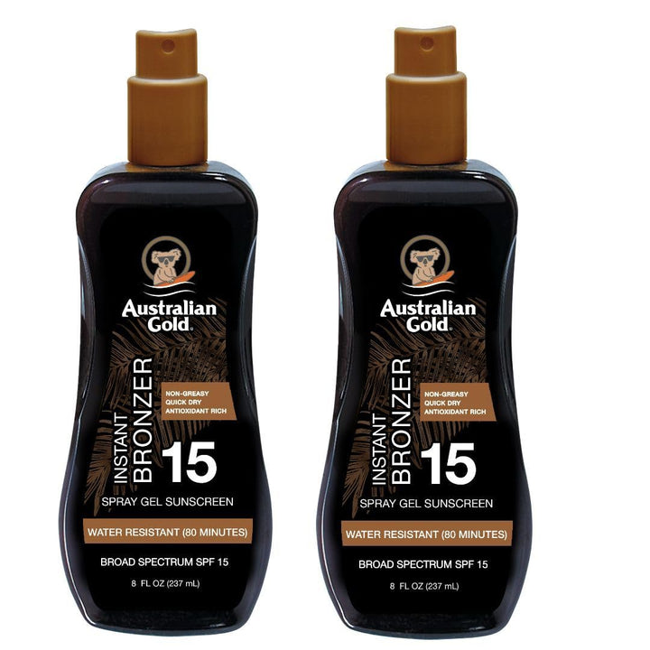 Australian Gold front packaging showing bottle and SPF 15 protection benefit